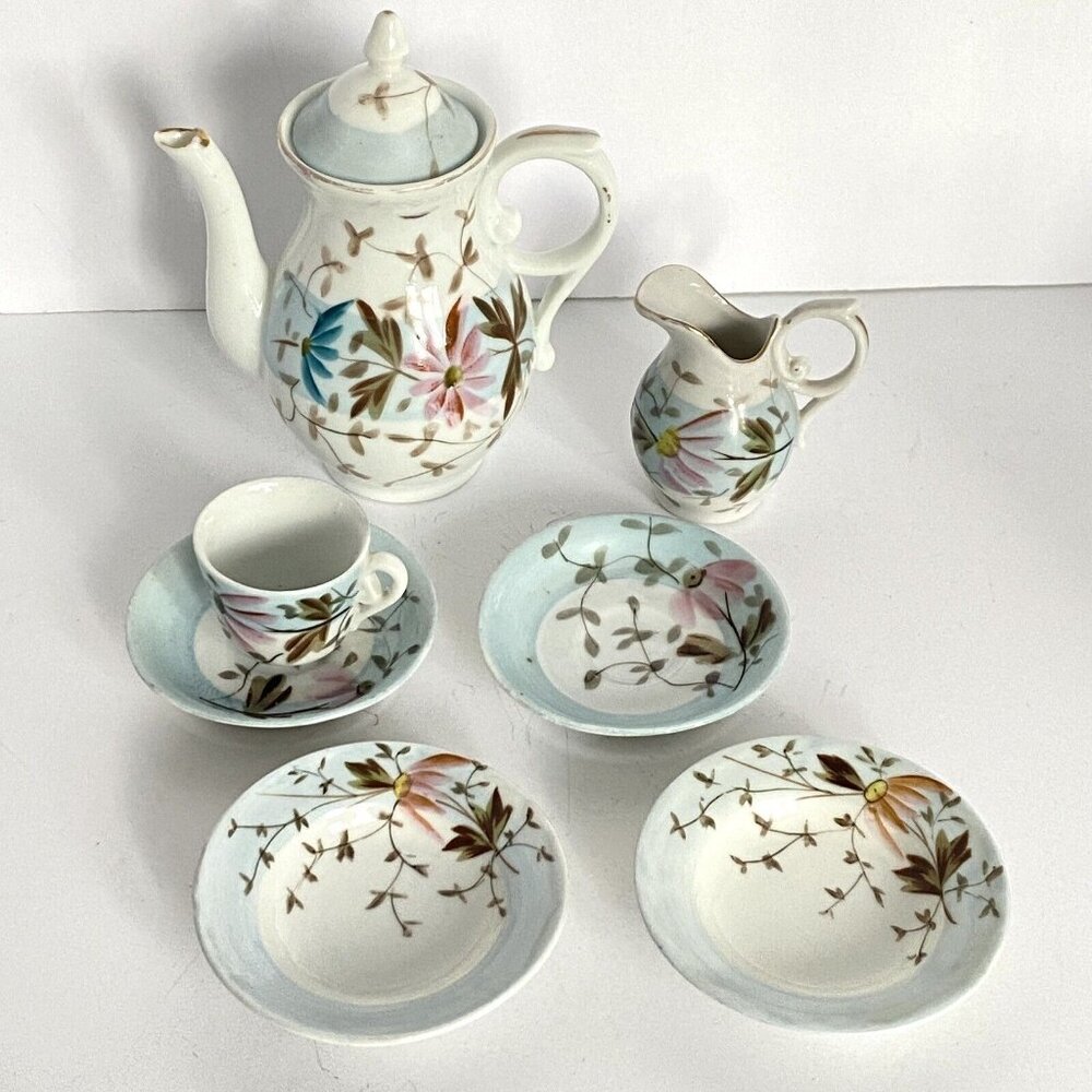 Dollhouse Miniature Tea Set Porcelain Floral 8pc Teapot Creamer CupSaucer Plates